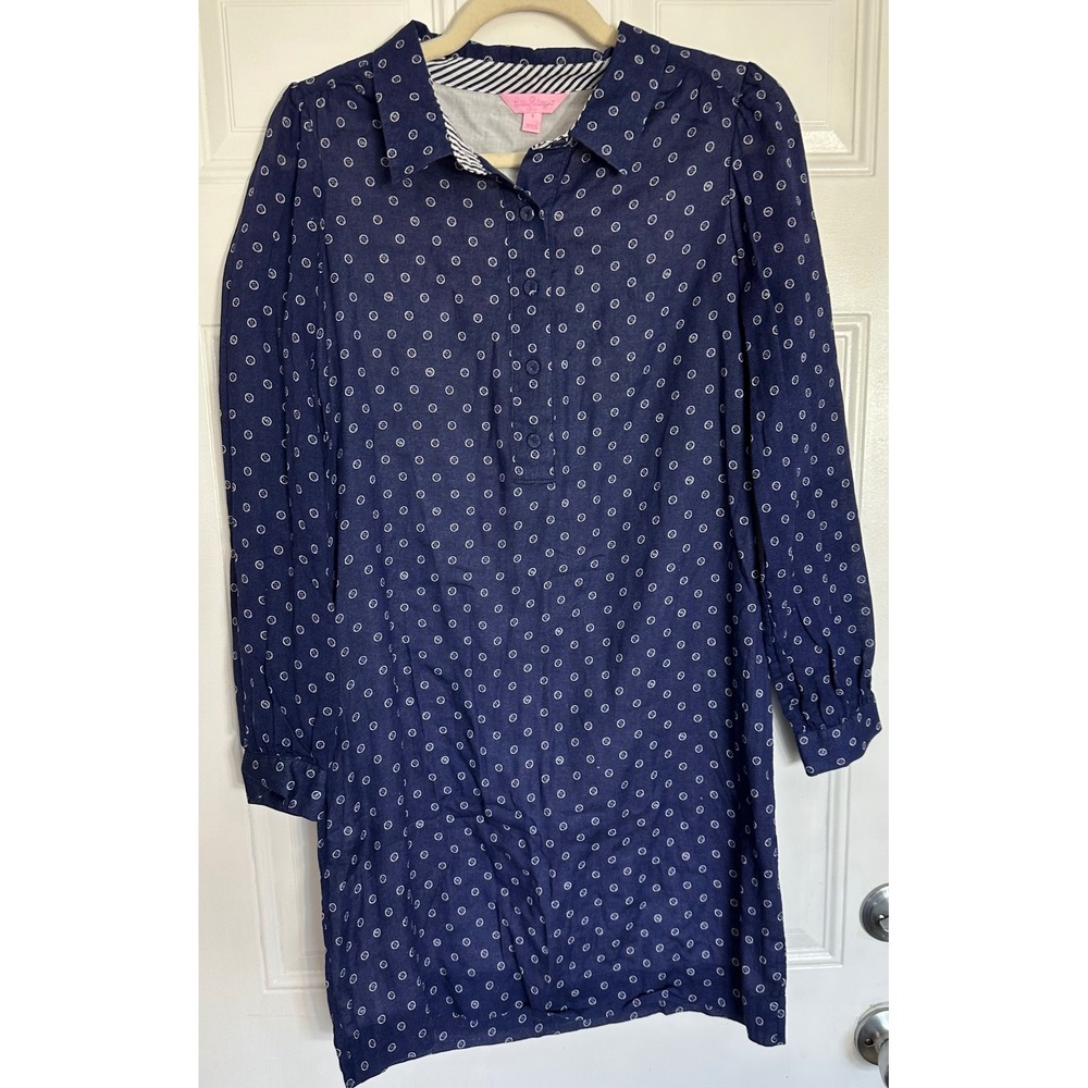 Lilly Pulitzer Navy Blue Cotton Button Print Shift Dress Long Sleeve Size 4